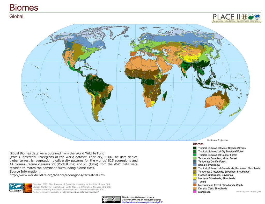 Hình 7.1 Bản đồ và chú giải hiển thị vị trí và loại quần xã sinh vật toàn cầu.
